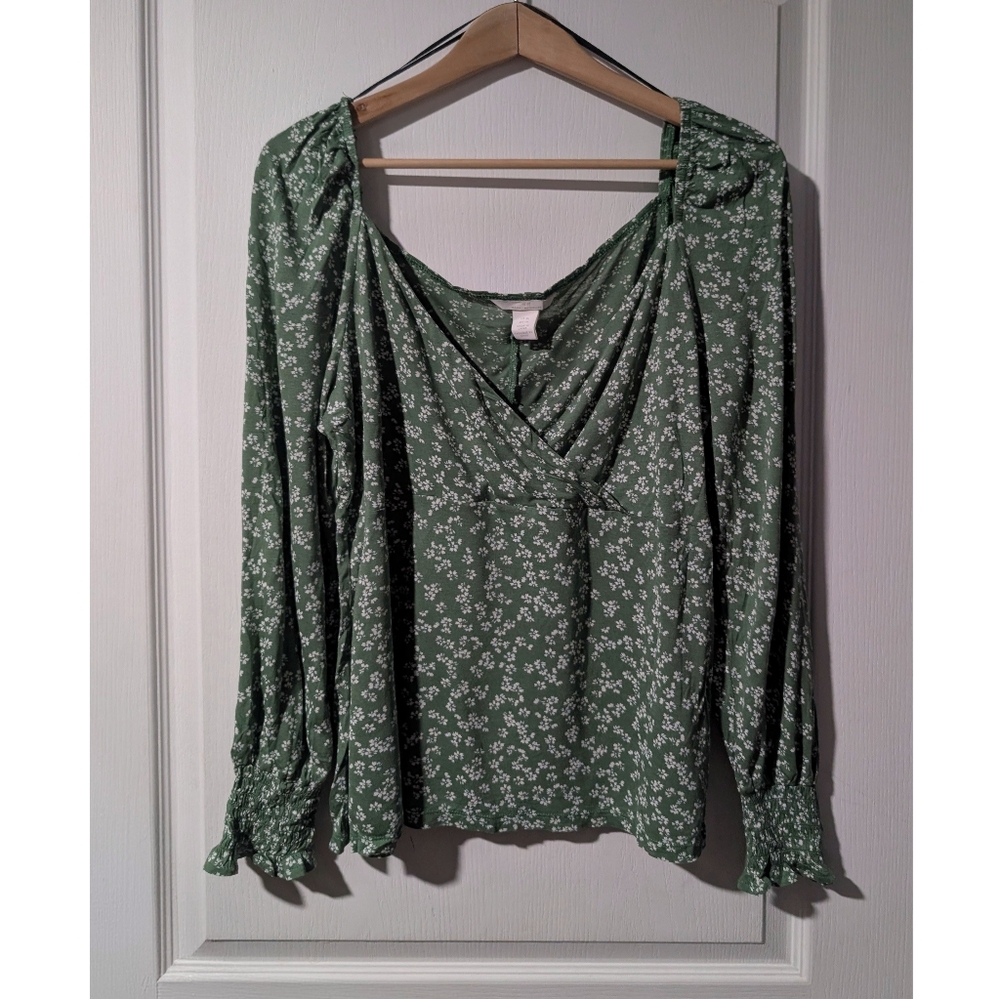 Green Floral Wrap-Front Long Sleeve Blouse